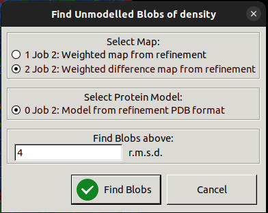 An image of Coot highlighting Unmodelled blobs...