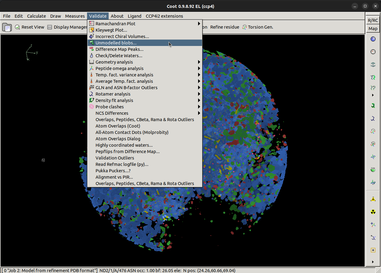 An image of Coot highlighting Unmodelled blobs...