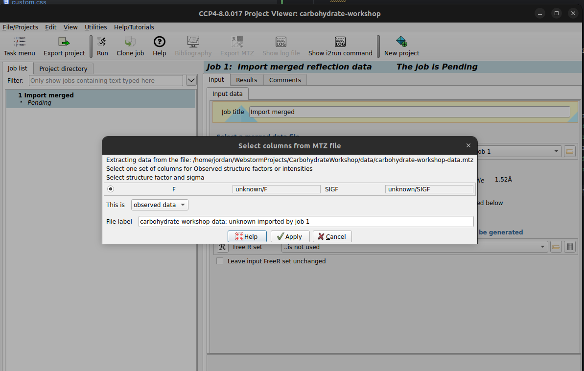 An image of the CCP4i2 popup box for importing merged reflection data