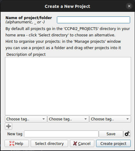 An image of the CCP4i2 dialogue box for creating a new project